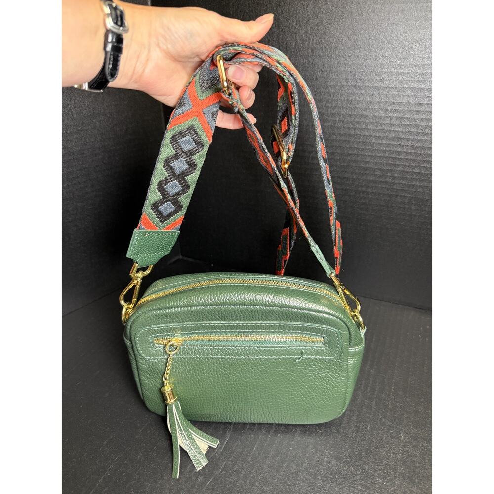 Borse In Pelle Italian Dark Green Pebbled Leather Crossbody Bag w/Guitar Strap - Picture 2 of 12